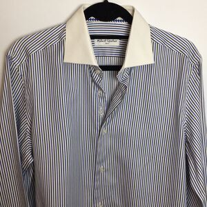 Robert Graham Blue Black Striped White Cuff and collar Long Sleeve Shirt Mens S